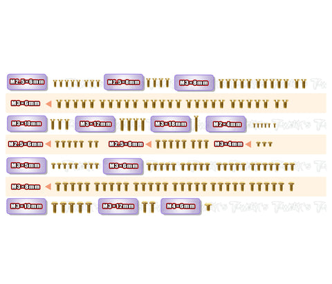 GSS-A11-2/2.25  Gold Plated Steel Screw Set 152pcs.  ( For ARC A11 2mm  Alum.-Spec Car &2.25mm Graphite-Spec Car）
