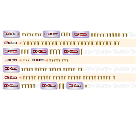 GSSU-A11-2/2.25   Gold Plated Steel UFO Screw Set 131pcs.  ( For ARC A11 2mm  Alum.-Spec Car &2.25mm Graphite-Spec Car）