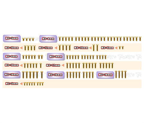 GSSU-XT2'28  Gold Plated Steel UFO Screw Set  111pcs.( For Xray XT2C'28 & XT2D'28 )