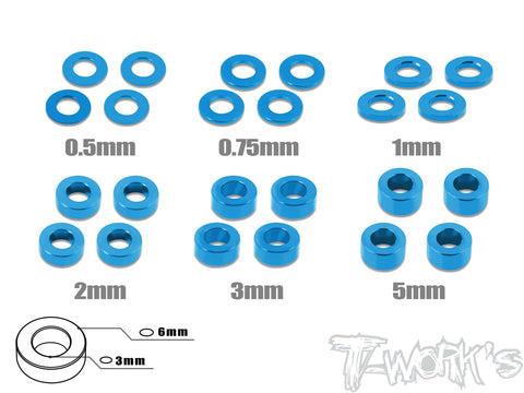 TA-012   Aluminum 3mm Bore Washer Set 0.5, 0.75 ,1 ,2 ,3 ,5mm each 4pcs.