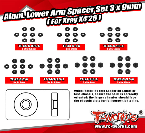 TE-X4-S-A	Alum. Lower Arm Spacer Set 3 x 9mm ( For Xray X4'26 )0.75/1/1.5/2/2.5/3/3.5 Each 8pcs.