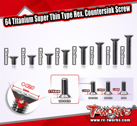 TSS-3-STC      3mm x 4/5/6/8/10/12/14/16mm  64 Titanium Super Thin Type Hex. Countersink Screw 10pcs.