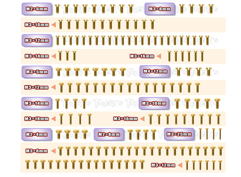 GSSU-MBX8R-T	Gold Plated Steel Upper & Tranmission Screw set ( UFO Head ) 165pcs. ( For Mugen MBX8R )