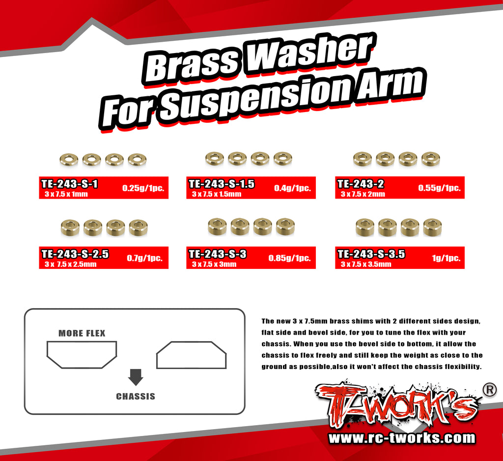 TE-243-S	    Brass Washer Set For Suspension Arm 3 x 7.5 ( Each 8pcs. )